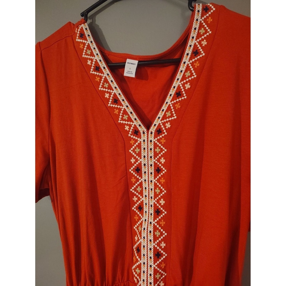 Old Navy Embroidered V-Neck Midi Dress Burnt Orange Boho Elastic Waist Large - Picture 2 of 5